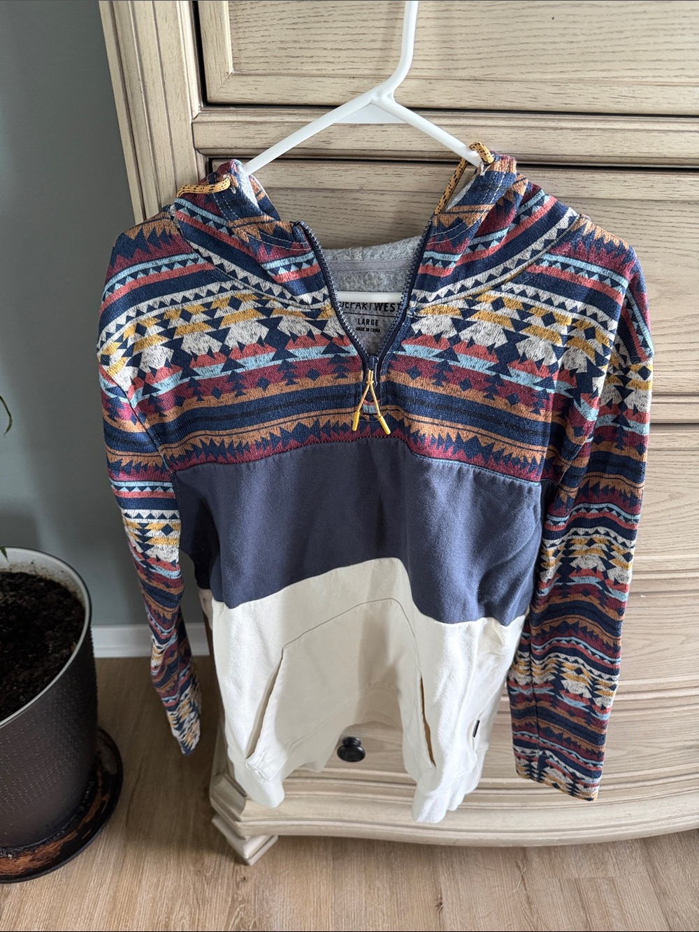Departwest Aztec Hooded Pullover in Navy, Ivory & Multi